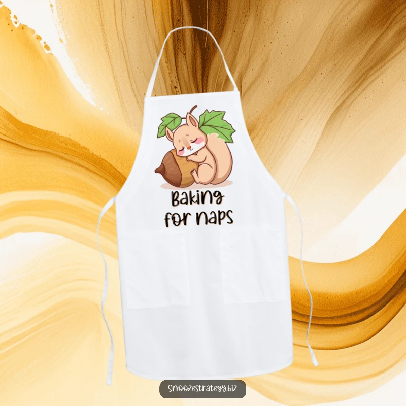 Funny apron showing a drowsy squirrel character sleeping soundly against a giant acorn, bringing humor to cooking.