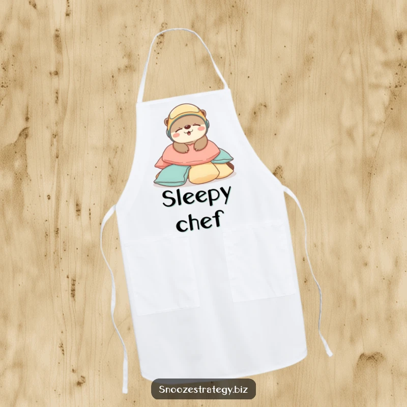 Funny Otter Sleep Apron: An adorable otter in a tiny helmet sleeps peacefully on cushions, making kitchen tasks calm and cute.