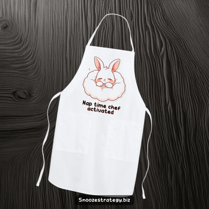 Funny apron with a content rabbit character snoring peacefully on a cloud-like pillow, adding a touch of humor to kitchen chores.