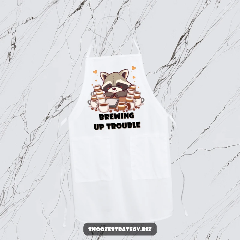 Funny raccoon apron, slumped over a desk with overflowing coffee cups, a humorous kitchen accessory for coffee lovers.