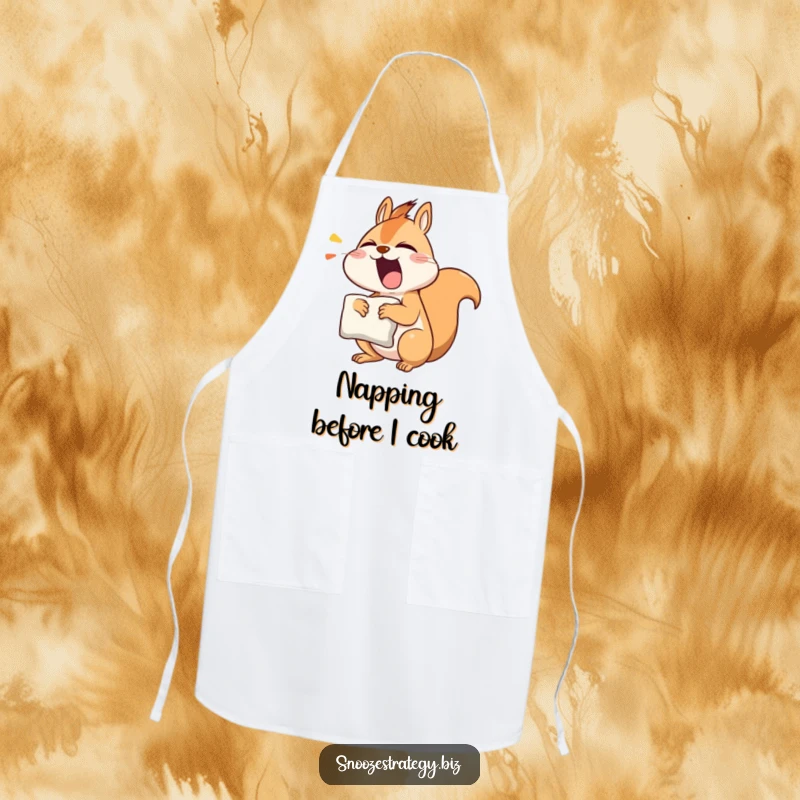 Funny squirrel apron showing a yawning character with a pillow, ideal for kitchen use and humorous cooking sessions.