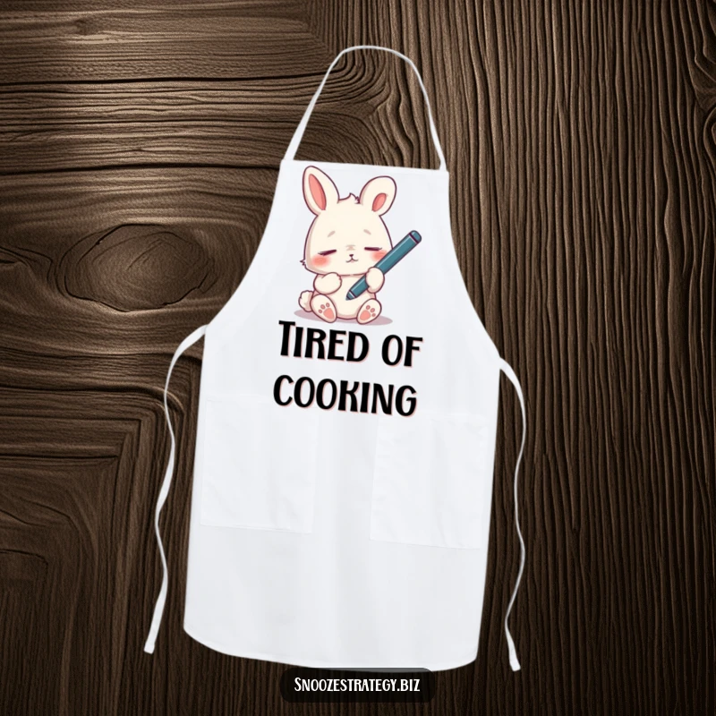 Funny tired rabbit apron, dozing off with a dangling pen, a humorous kitchen accessory for the tired.