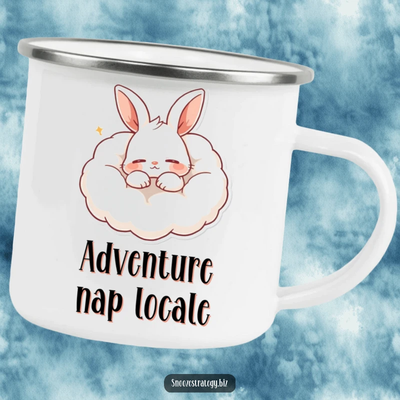 Funny camping mug with a content rabbit character snoring soundly on a fluffy cloud-like pillow, ready for outdoor relaxation.