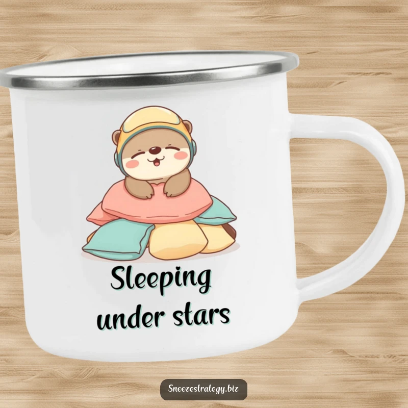 Funny Otter Sleep Camping Mug: An adorable otter in a tiny helmet sleeps on cushions, perfect for peaceful outdoor drinks.