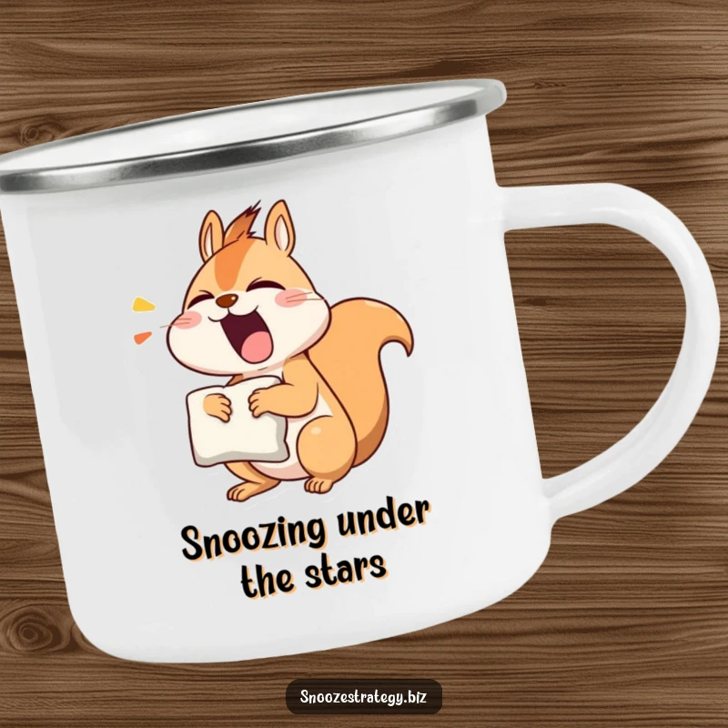 Funny squirrel camping mug with a sleepy character and pillow design, ideal for outdoor use and humor.