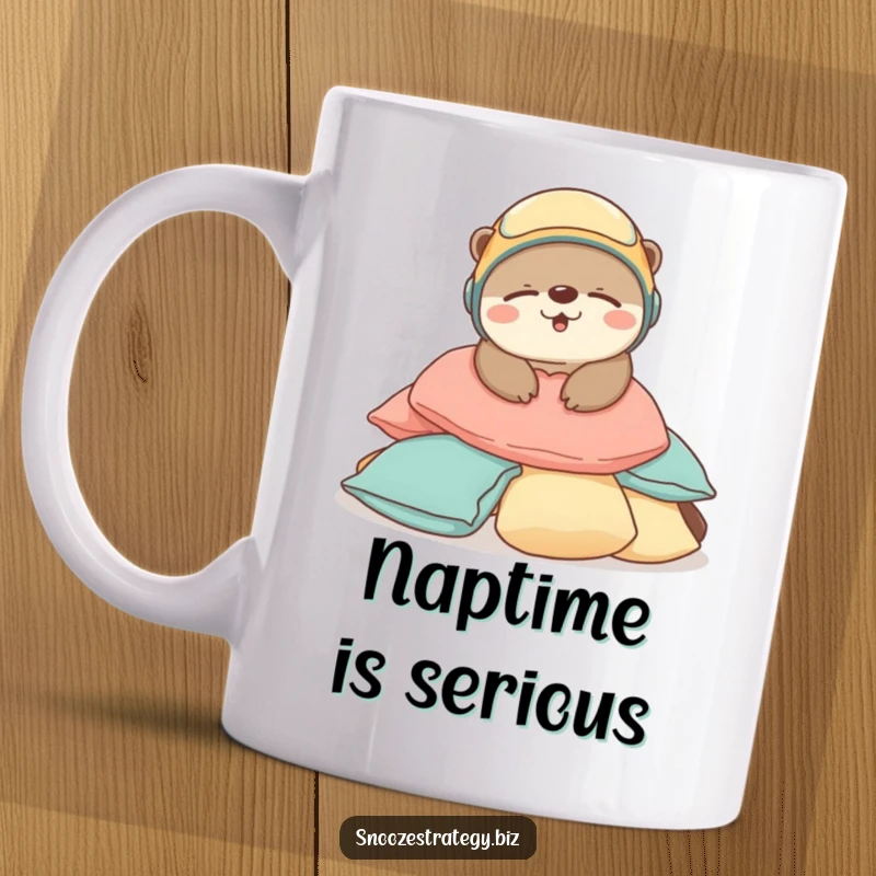 Funny Otter Sleep Mug: A joyful otter wearing a tiny helmet sleeps soundly on cushions, radiating peaceful cuteness.
