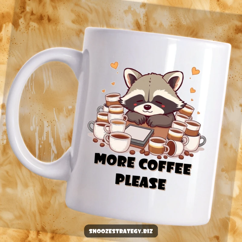 Funny raccoon mug, slumped over a desk surrounded by coffee cups, depicting extreme tiredness and caffeine dependence.