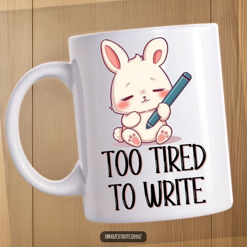 Funny tired rabbit mug, dozing off while holding a pen that dangles limply, depicting exhaustion and lack of focus.