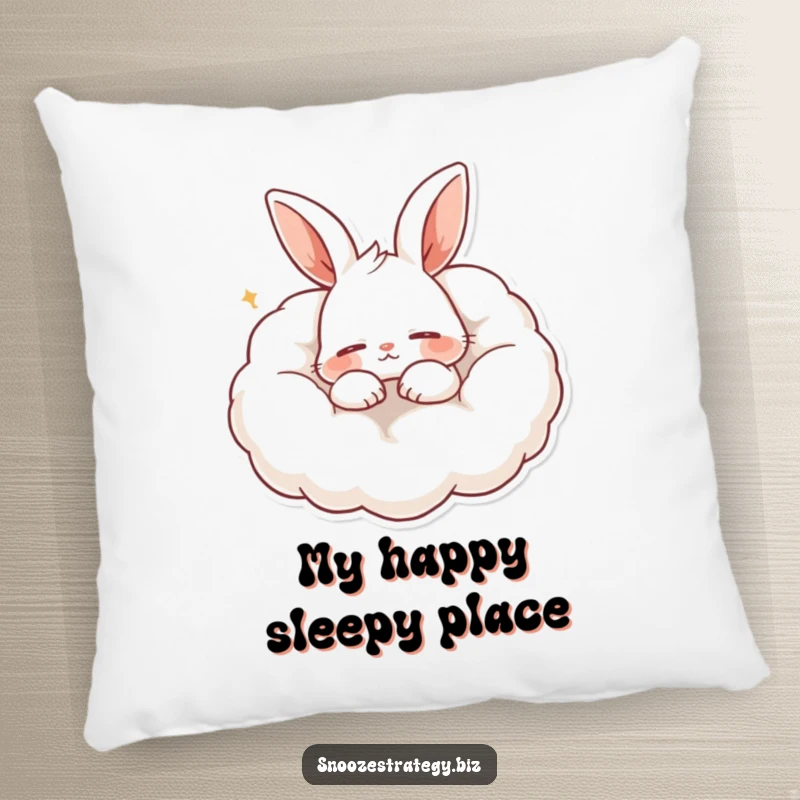 Funny pillow designed with a content rabbit character snoring softly, nestled contentedly on a soft, cloud-like pillow for ultimate comfort.