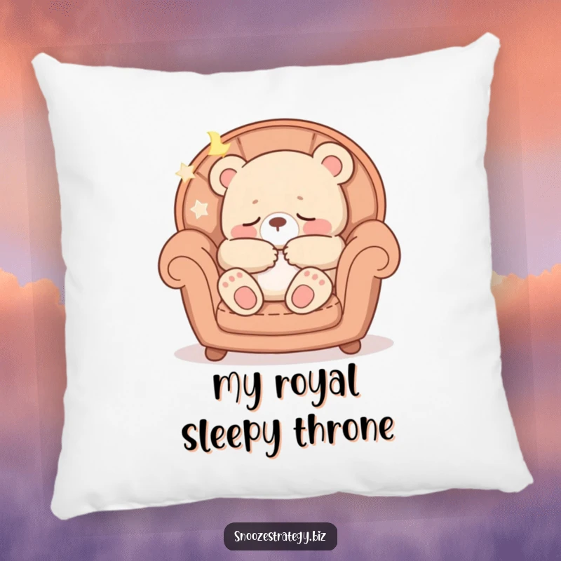 Funny pillow designed with a peaceful bear cub character fast asleep in a cozy armchair, emitting soft snores for ultimate comfort.