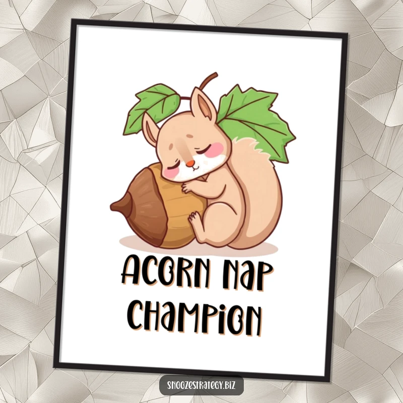 Funny digital art print of a drowsy squirrel character fast asleep against a giant acorn, capturing the essence of peaceful slumber.
