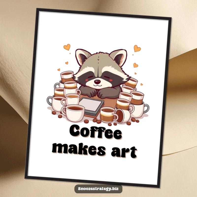 Funny raccoon digital art print, slumped over a desk with coffee cups, humorously depicting exhaustion and coffee addiction.
