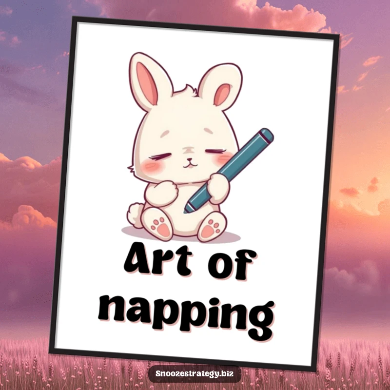 Funny tired rabbit digital art print, dozing off with a dangling pen, humorously depicting exhaustion and a need for sleep.