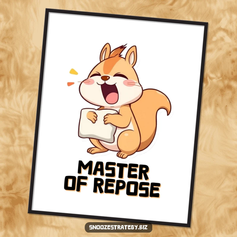 Funny squirrel digital art print of a sleepy character yawning with a pillow, perfect for humorous wall decor.