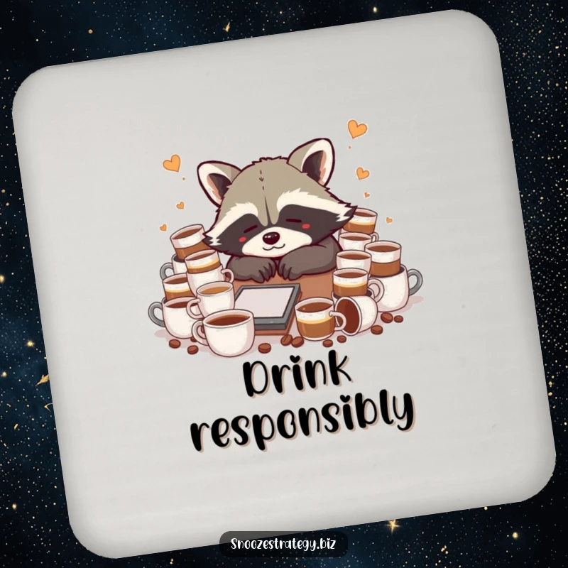 Funny raccoon drink coaster, slumped over a desk with coffee cups, a humorous protector for surfaces.