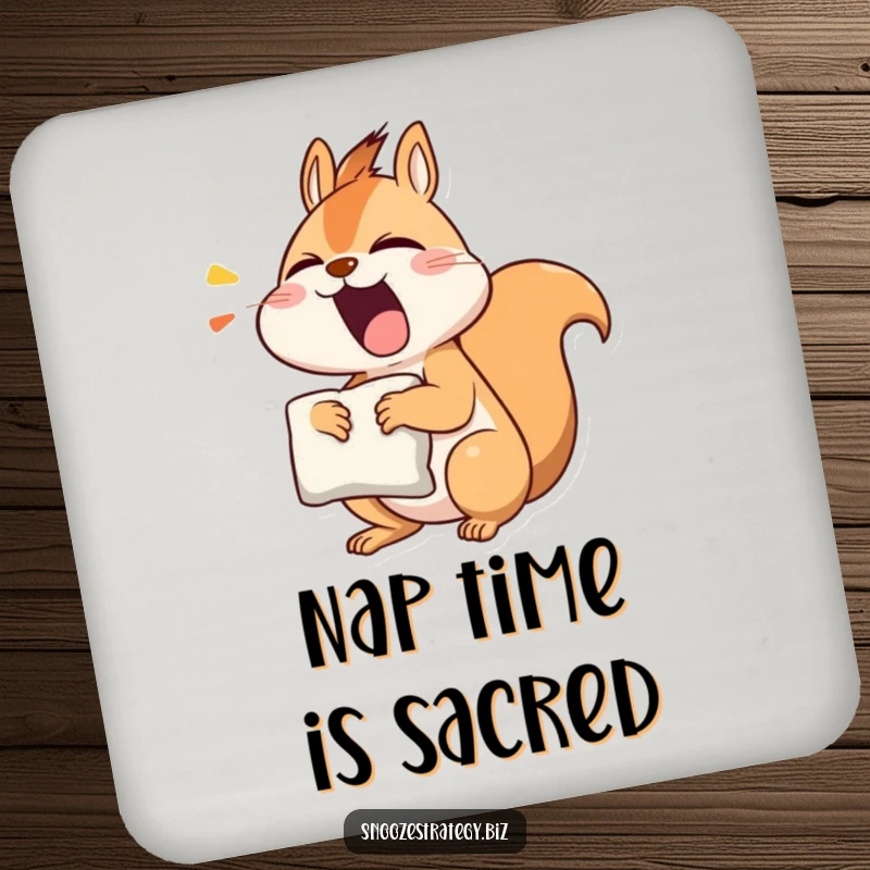 Funny squirrel coaster featuring a sleepy character yawning with a pillow, protecting tables with humor.