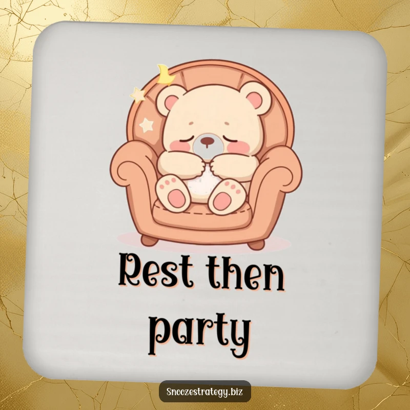 Funny drink coaster with a peaceful bear cub character sleeping in a cozy armchair, adding humorous protection to surfaces.