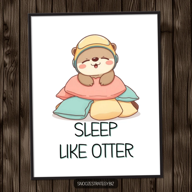 Funny Otter Sleep Poster: An adorable otter in a tiny helmet sleeps peacefully on cushions, bringing serene and cute vibes to decor.
