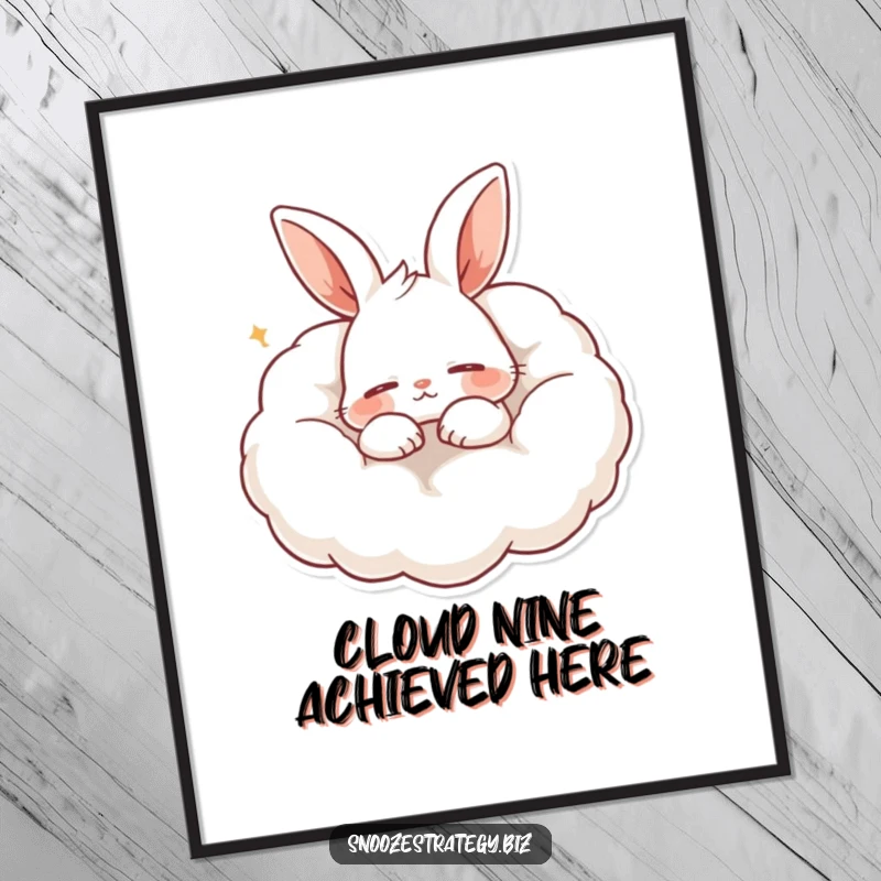Funny poster showcasing a content rabbit character in deep slumber, snoring softly upon a lush, cloud-like pillow, exuding tranquility.