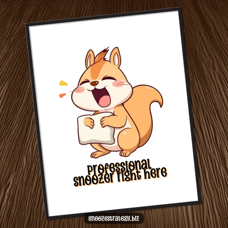 Funny squirrel poster showcasing a sleepy character yawning while holding a pillow, adding humor to wall art.