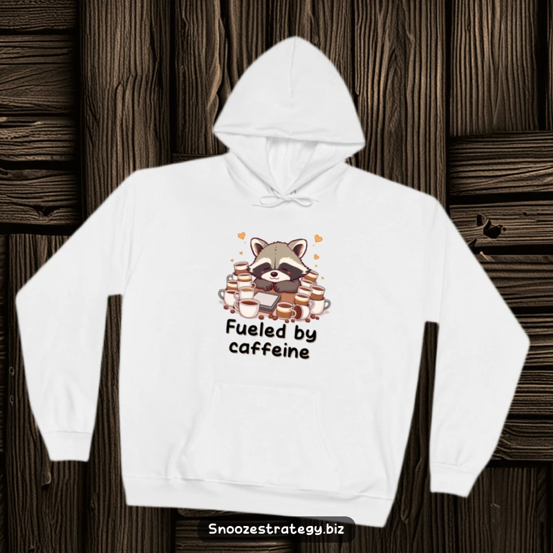 Funny raccoon hoodie, surrounded by overflowing coffee cups, showing a slumped and tired character, cozy humor.