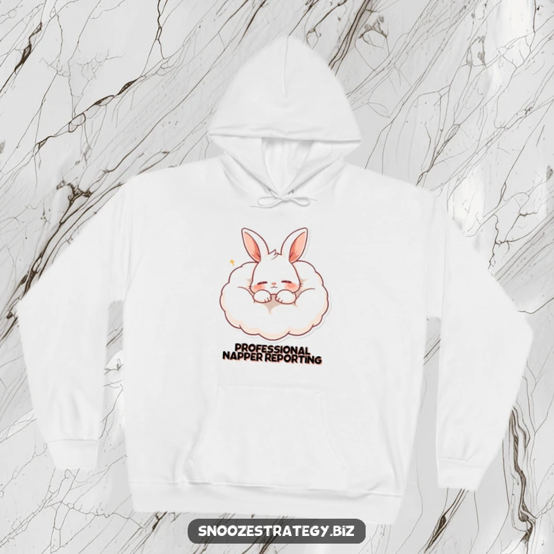 Funny hoodie with a content rabbit character snoring peacefully while nestled on a fluffy cloud pillow, radiating cozy sleep vibes.