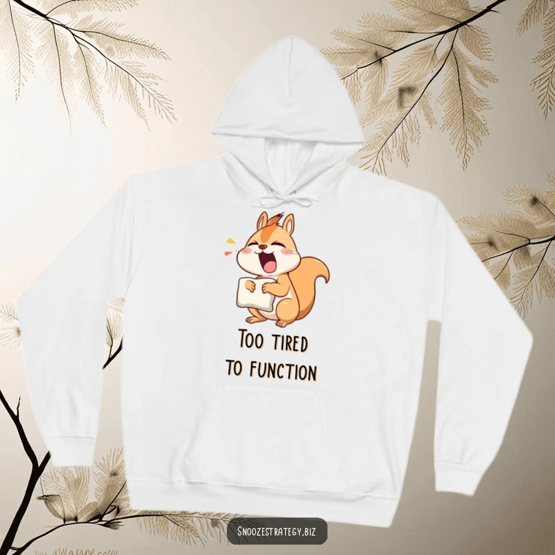 Funny squirrel hoodie featuring a yawning character clutching a pillow, offering warmth and humor for cozy wear.