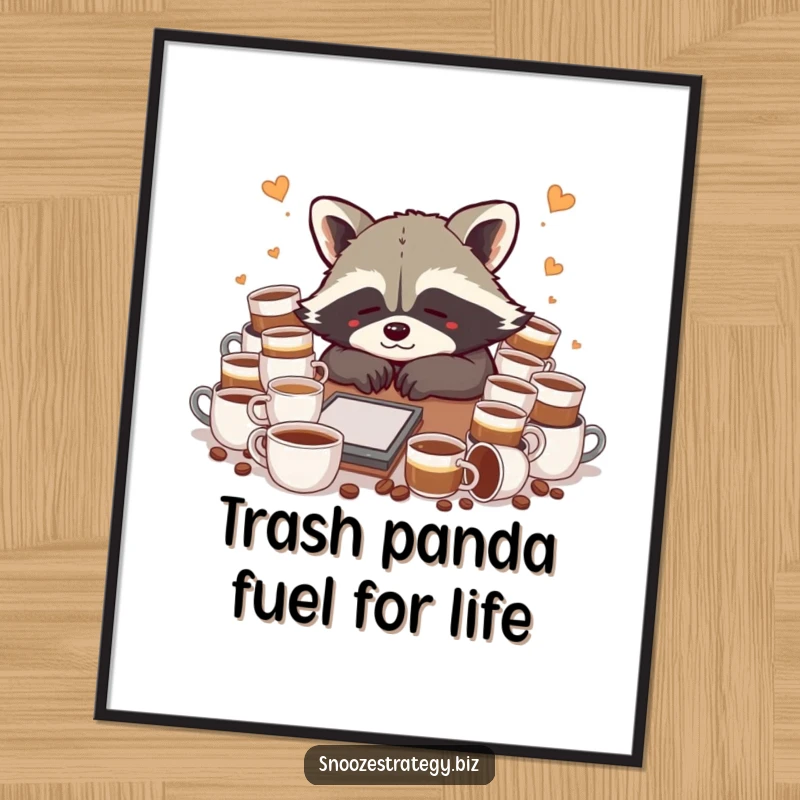 Funny Free Printable Wall Art: A cute raccoon slumped over a desk, buried in coffee cups, a testament to productivity.