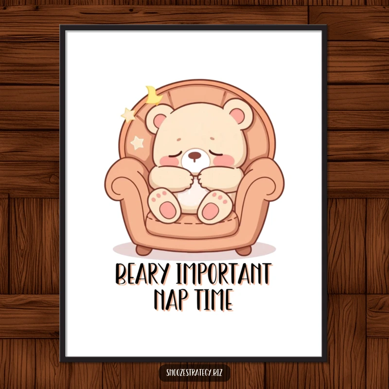 Funny Free Printable Wall Art: A peaceful bear cub naps soundly in a plush armchair, emitting soft snores, a cozy wall decor.