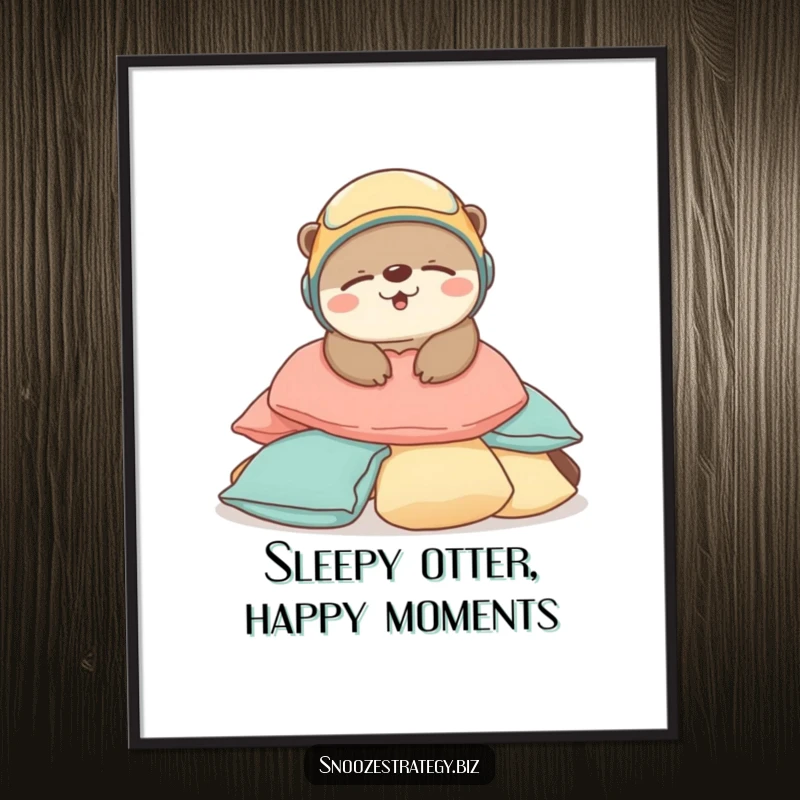 Funny Free Printable Otter Wall Art: A joyful otter wearing a helmet, fast asleep on cushions.