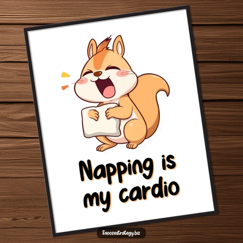 Funny Free Printable Wall Art: A cute squirrel holding a pillow, caught in a massive, relatable yawn, perfect for cozy decor.