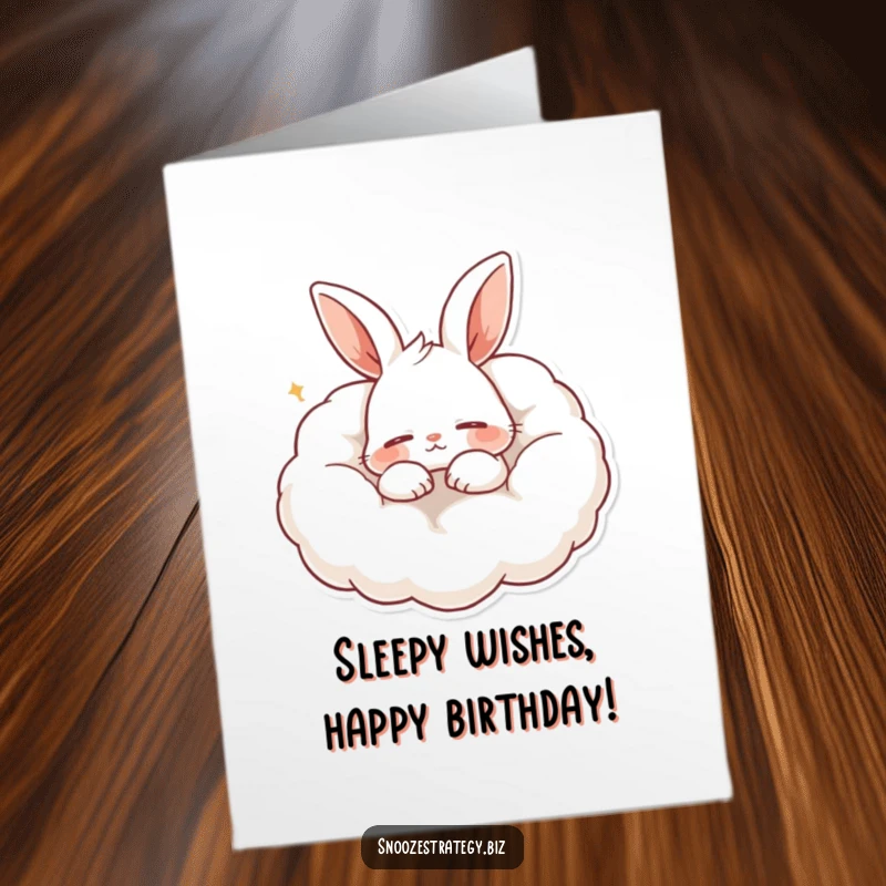 Funny Free Printable Birthday Card: A cute rabbit sleeps soundly on a fluffy pillow, snoring softly, wishing Happy Birthday.