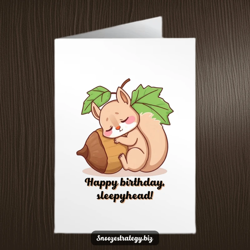 Funny Free Printable Birthday Card: A drowsy squirrel slumps against a giant acorn, fast asleep, wishing Happy Birthday.