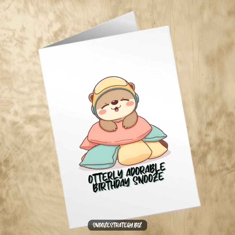 Funny Free Printable Otter Birthday Card: A joyful, helmeted otter fast asleep on cushions.