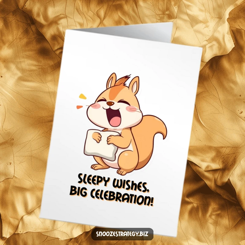 Funny Free Printable Birthday Card: A sleepy squirrel with a pillow yawns wide, perfect for sending sleepy birthday wishes.