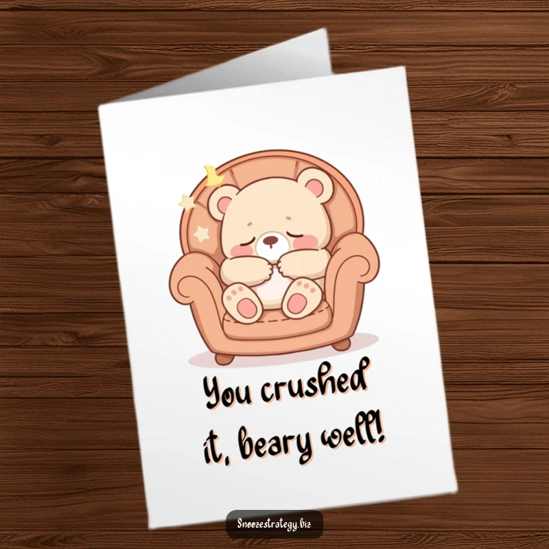 Funny Free Printable Congrats Card: A sleeping bear cub rests in a cozy armchair, perfect for congratulating someone.