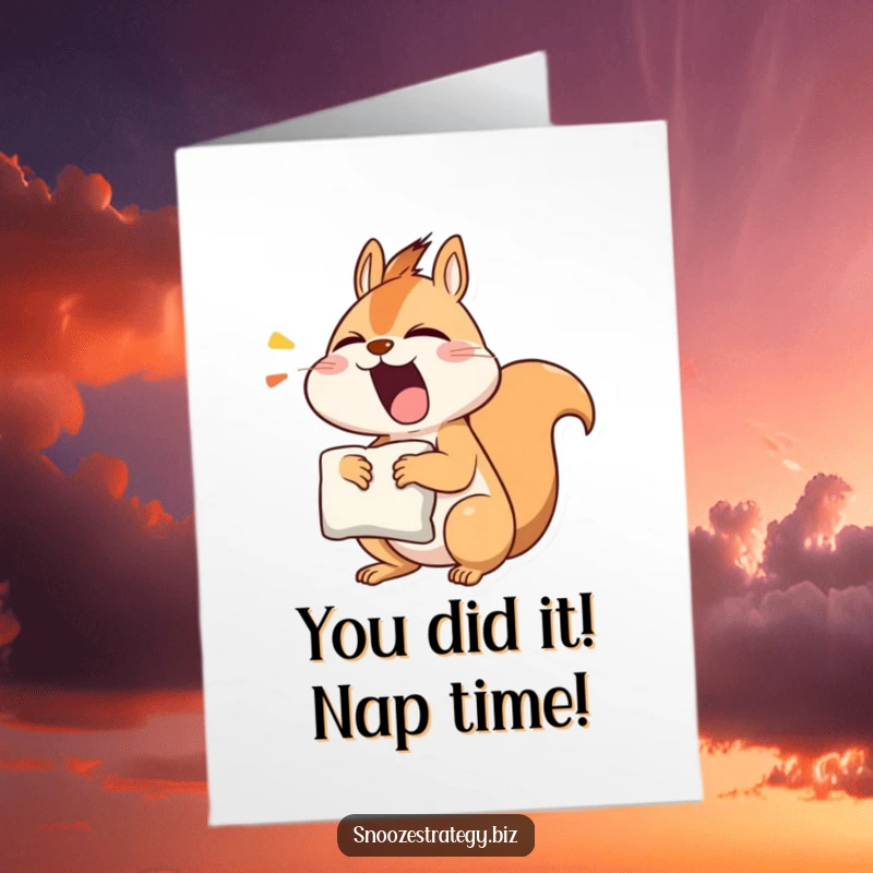 Funny Free Printable Congratulations Card: A tired squirrel holding a pillow yawns, celebrating someone's grand accomplishment.
