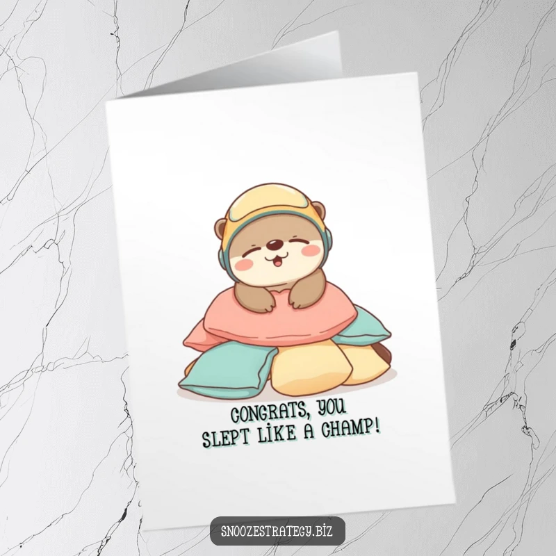 Funny Free Printable Otter Congratulations Card: A joyful otter in a helmet snoozing after success.