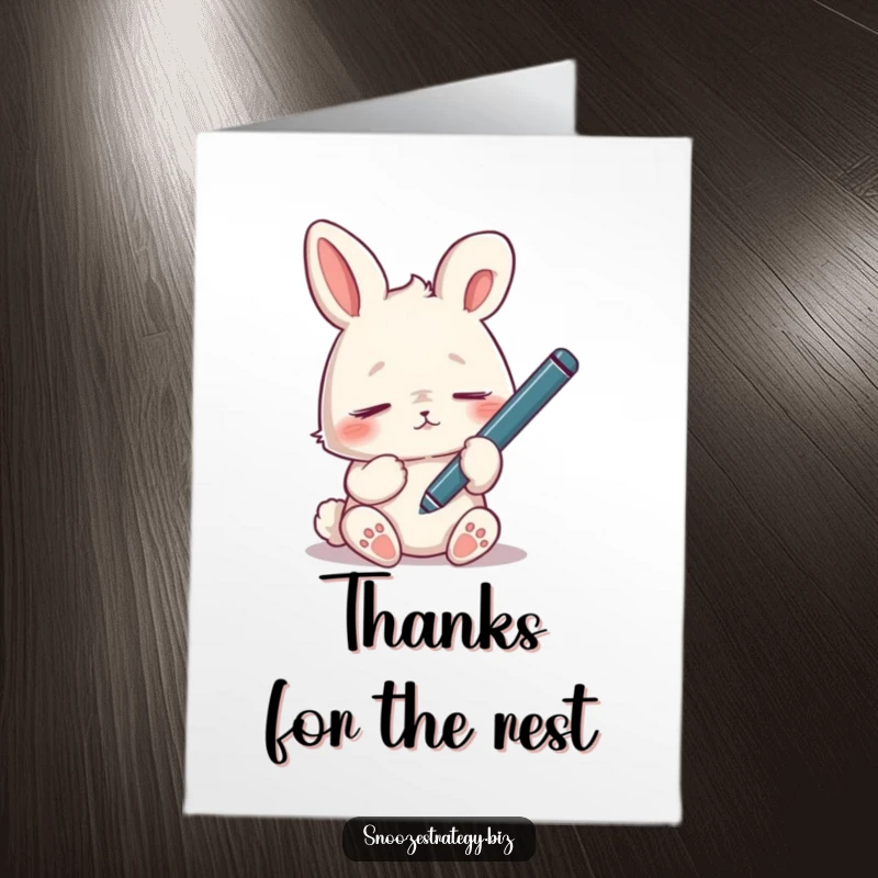 Funny Free Printable Thank You Card: A tired rabbit dozing off, pen still in hand, conveying thanks even in slumber.
