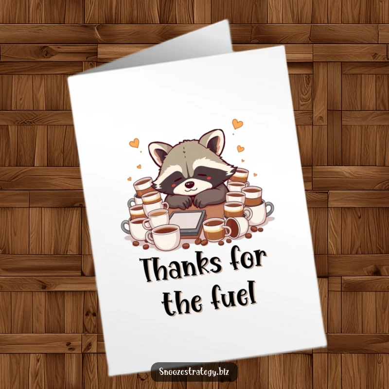 Funny Free Printable Thank You Card: A tired raccoon amidst coffee cups, expressing thanks for always being there.
