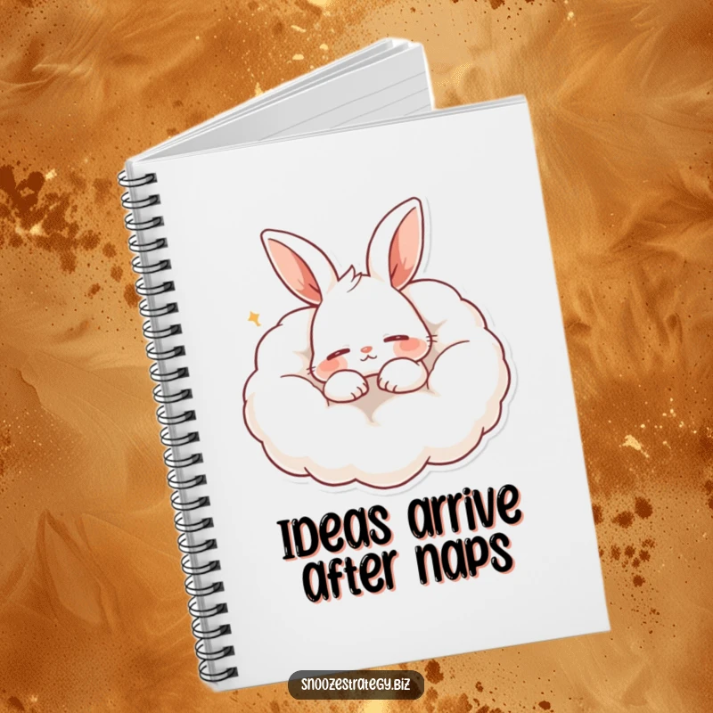 Funny notebook cover with a content rabbit character snoring peacefully on a cloud-like pillow, inspiring creative and sleepy thoughts.