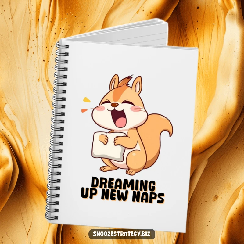 Funny squirrel notebook featuring a sleepy character yawning with a pillow, perfect for writing and journaling.