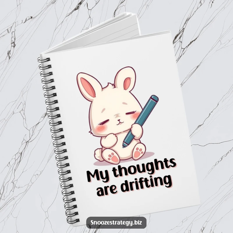 Funny tired rabbit notebook, dozing off with a dangling pen, perfect for jotting down drowsy ideas humorously.