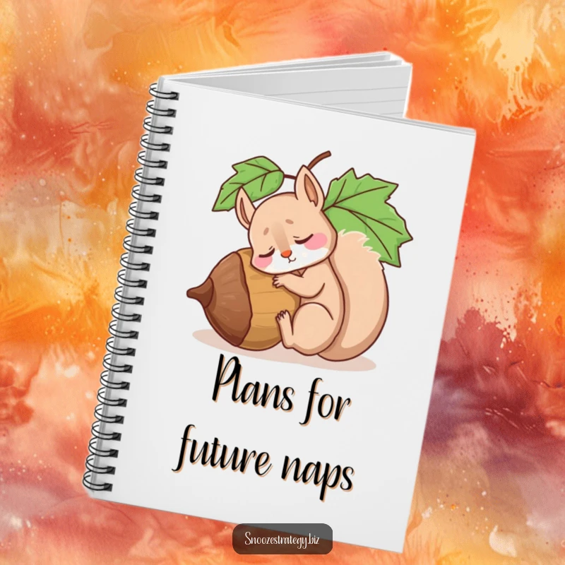 Funny notebook cover with a drowsy squirrel character asleep against a giant acorn, perfect for jotting down thoughts and dreams.
