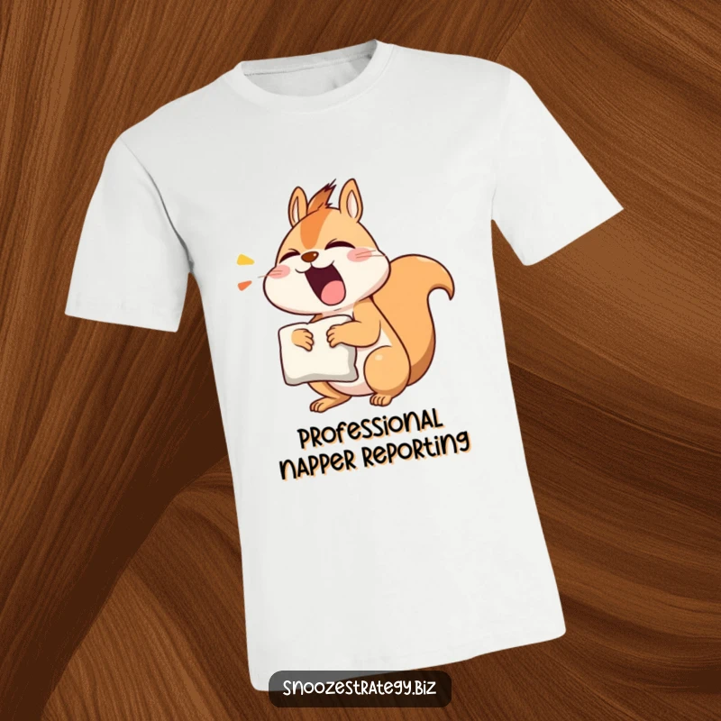 Funny squirrel t-shirt showcasing a sleepy character yawning with a pillow, ideal for casual wear and humor enthusiasts.