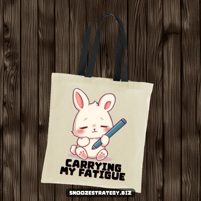 Funny tired rabbit tote bag, dozing off with a dangling pen, humorously depicting tiredness for daily use.